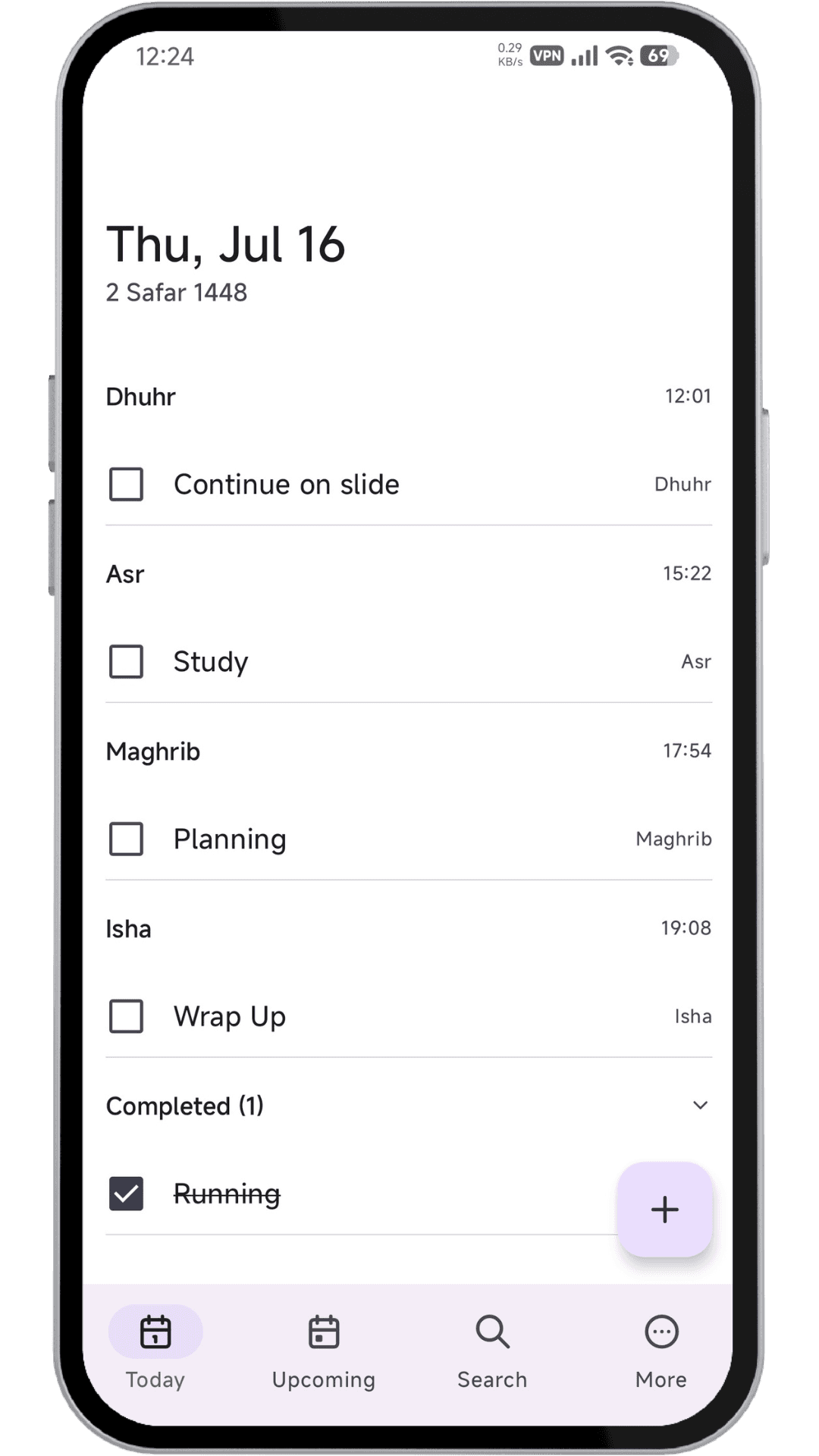 Hvsna app showing today's prayer-anchored tasks